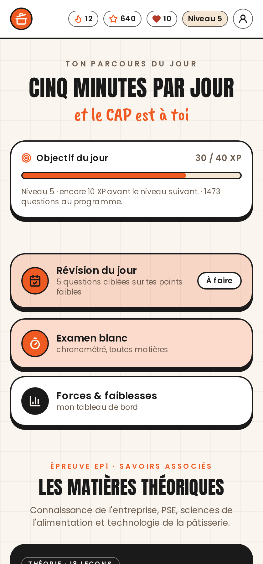 Écran d'accueil de l'application Objectif Pâtissier avec la Révision du jour